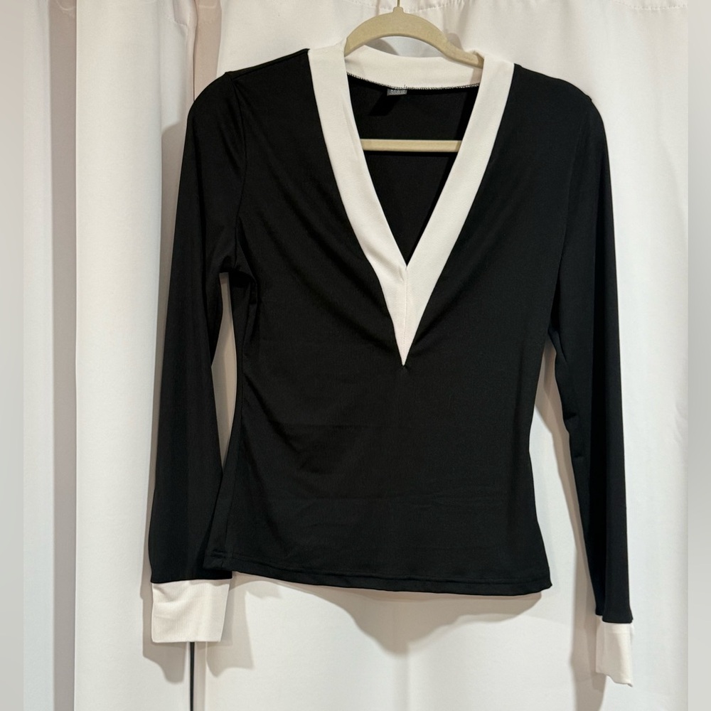 Black and White V-Neck Women's Top